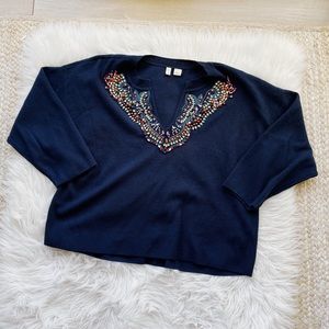 Anthropologie Moth Navy Blue Jeweled Sweater